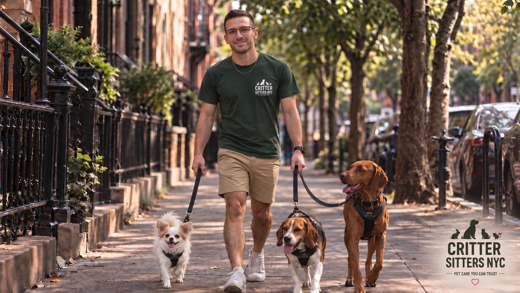 Matthew walking three happy dogs on a tree-lined New York City street